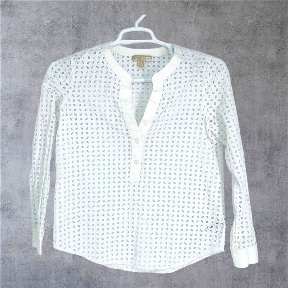 MICHAEL KORS Eyelet Cotton 1/2 Button Down Blouse Shirt Top Optic White‎ S $158